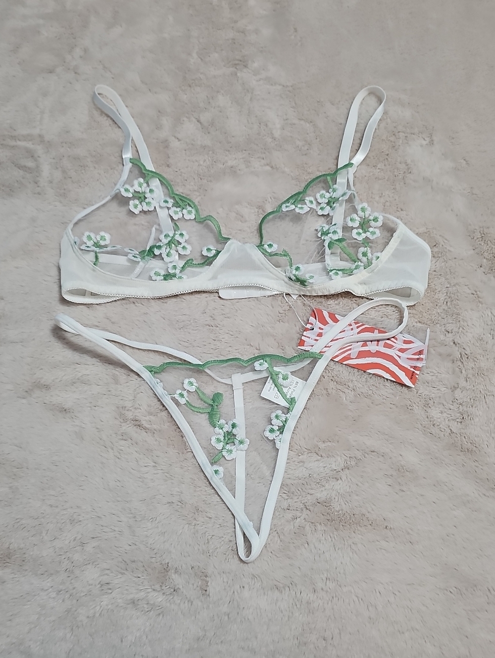 Sheer Mesh White And Green Floral Embroidered Lingerie Set